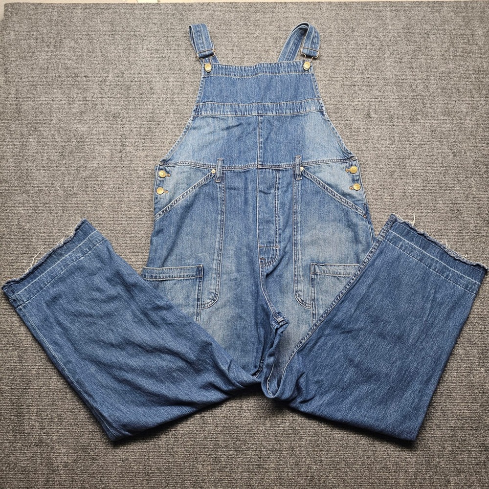 We The Free Free People Denim Overalls XL Blue Wide Leg Frayed Hem Dungarees
